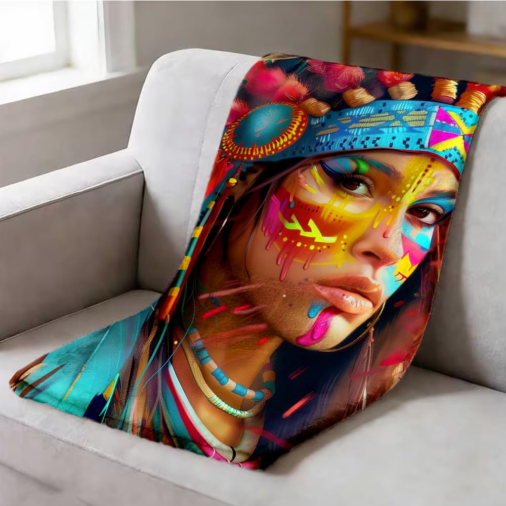 ZHOUSHUTONG Native American Throw Blanket Indian Tribal Chief Print Super Soft Warm Cozy Flannel Blanket for Couch Bedroom Office Southwest Cultural Home Decor Gift 49"x59"