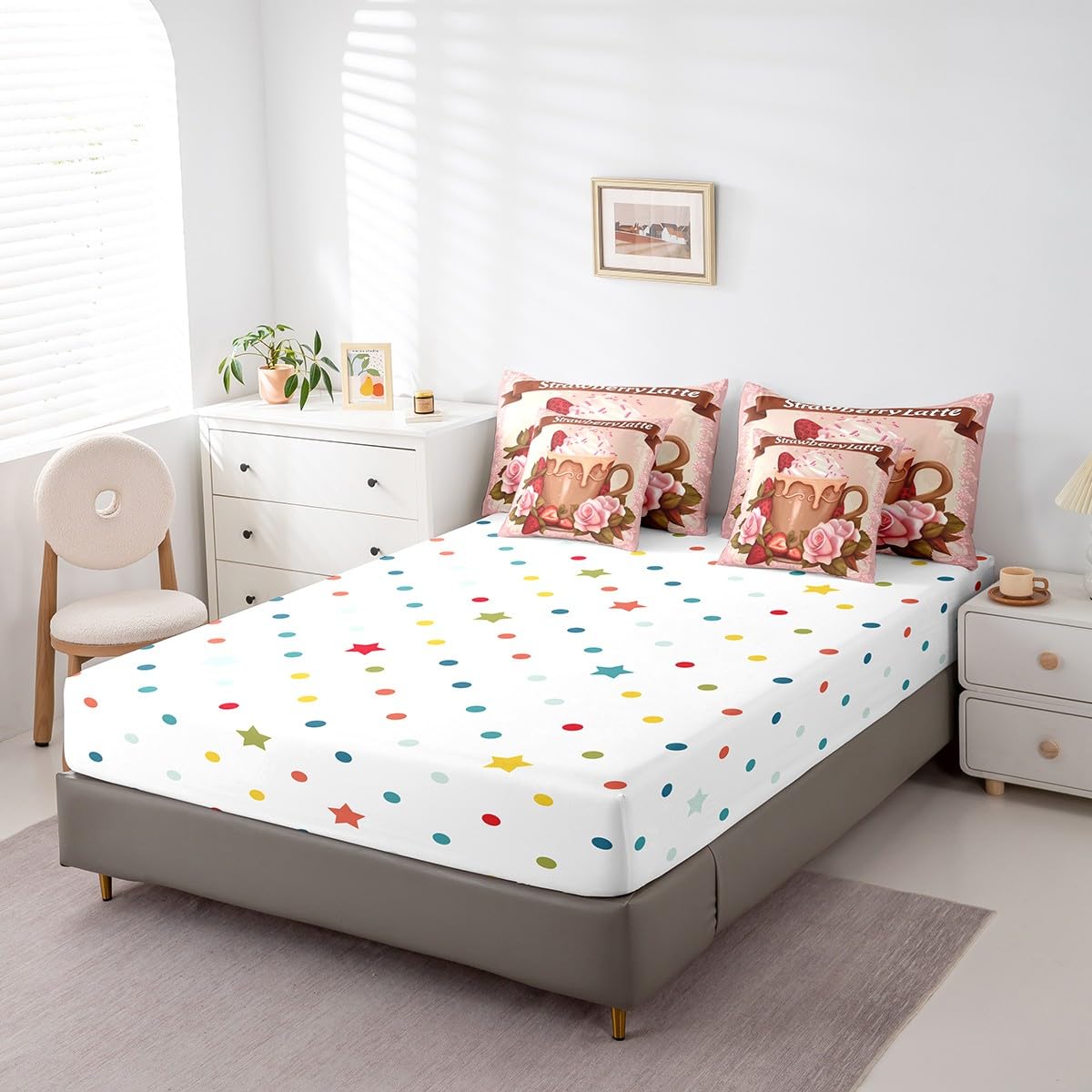 Erosebridal Strawberry Lattle Bedding Set for Kids Teens,Delicious Fruit Comforter Set Full Size,Girls Strawberry (Comforter+Fitted+Flat Sheet+2 Pillowcases+2 Throw Pillow Covers) 7 Pieces Bed Set
