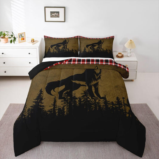 Erosebridal Wolf Comforter Set Brown Animal Bedding Set King, Rustic Farmhouse Lodge Bedding Comforter Sets Vintage Cabin Duvet Set, Grunge Tie Dyed Quilted Comforter Buffalo Home Dorm Decor