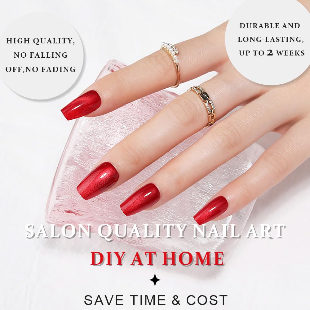 evpct Red Cat Eye Press on Nails Square Medium Coffin No Glue, Medium Square Stick on Nails for Women, Red Metallic Glitter Glossy Reusable Spring Summer Soft Press on Acrylic Fake Nail with Designs