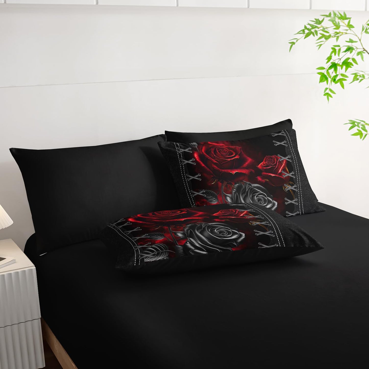 AILONEN Black and Red Rose Comforter Set Full,7-Piece Flower Bed in a Ba,Soft Comforter & Fitted Sheet with Flat Sheet & 2 Pillowcases,2 Pillow Shams for Bedroom