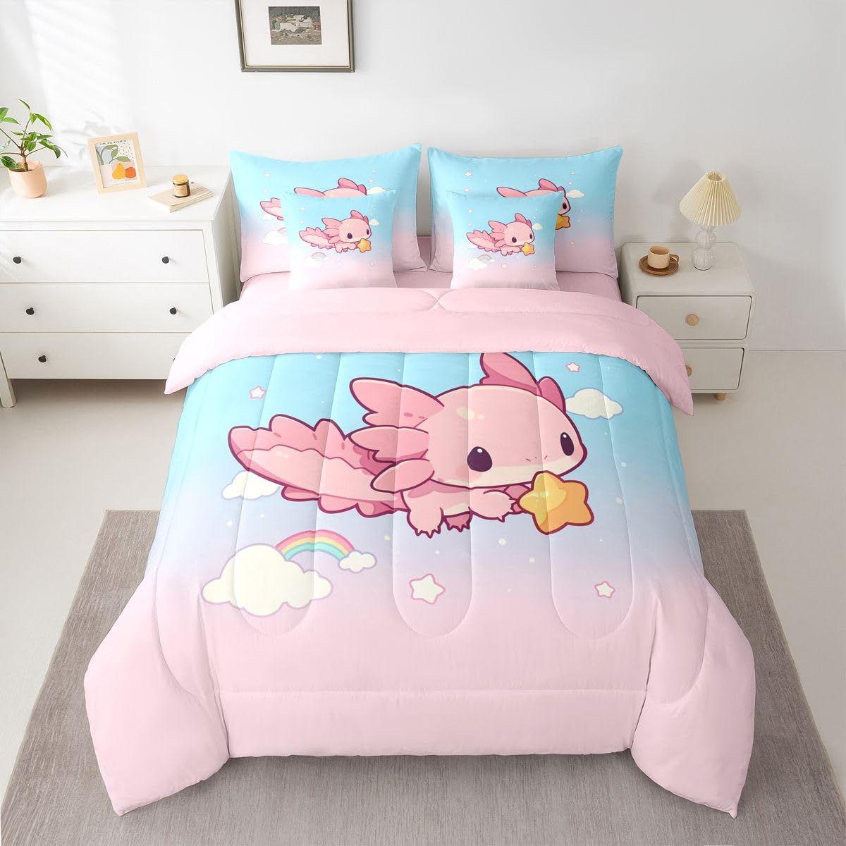 Erosebridal Teen Girl Cute Axolotl Twin Size Bedding Set Kids Pink Blue Princess 7 Pieces Comforter Set with Sheets Cartoon Rainbow Cloud Bed in a Bag Cute Ocean Marine Life Bed Sets