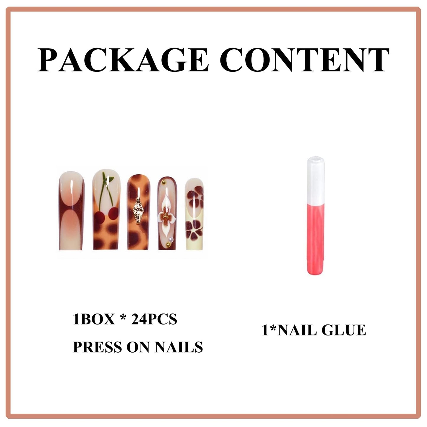 MERVF Fall Press on Nails Long Square, Leopard Brown French Tip Fake Nails Flower Cherry Glue ons Pearls Acrylic Nail Gradient Design Glossy 24pcs