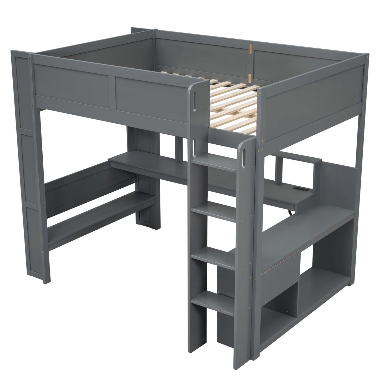 HRJHLucky Full Size Wood Gaming Loft Bed with Desk, Storage Shelves, LED and Charging Station (Full)