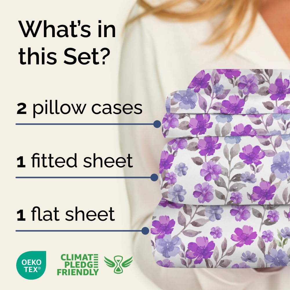 Floral Sheets - Purple Floral Bed Sheet Set - 1 Flat, 1 Fitted & 2 Pillowcases w/ Deep Pockets - Comfy, Wrinkle & Fade-Free Boho Botanical Bedding - Ultra-Soft, Breathable & Cooling - Full Size New