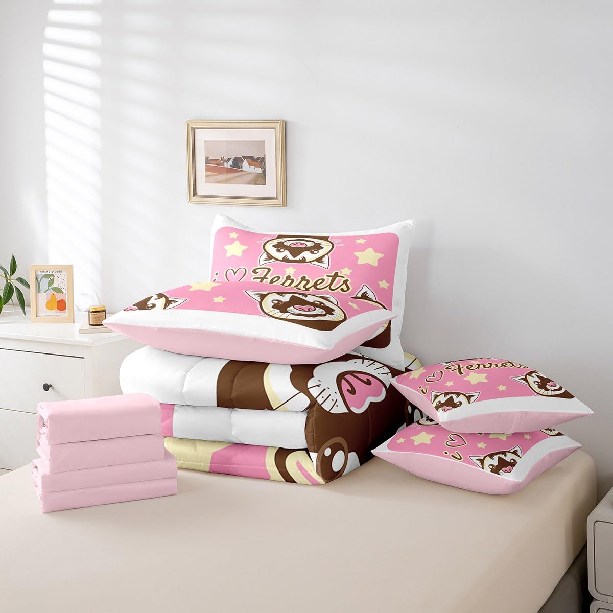 Erosebridal Ferret 7 Piece Comforter Set Full Bed in a Bag,Cartoon Ferrets Bedding Sets Lovely Wild Animals Comforter and Sheet Set,Cute Wildlife Kawaii Stars Room Decor