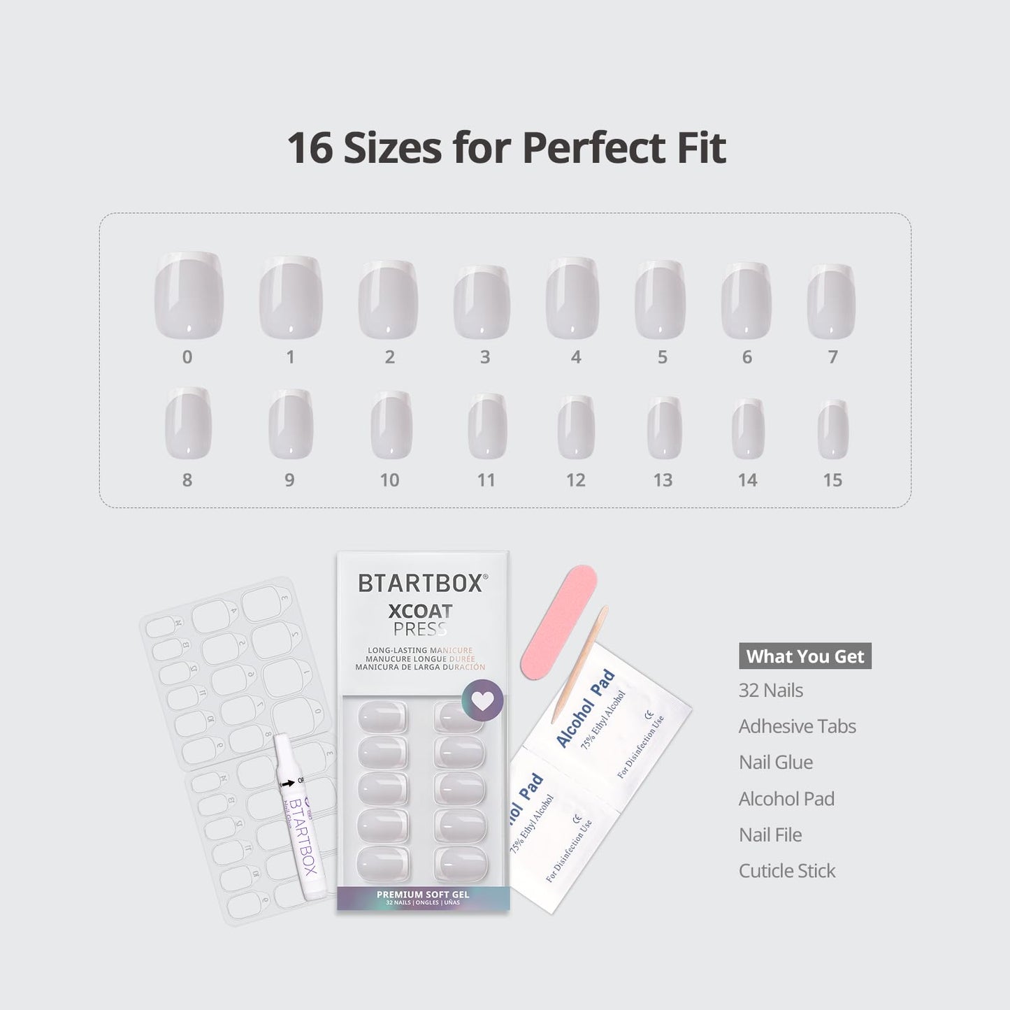 BTArtbox Press On Nails - White French Tip Press on Nails Square, Glue On Nails for Wedding Gift, Supremely Fit & Natural Stick On Nails in 15 Sizes - 30 Fake Nails Kit, Classic French