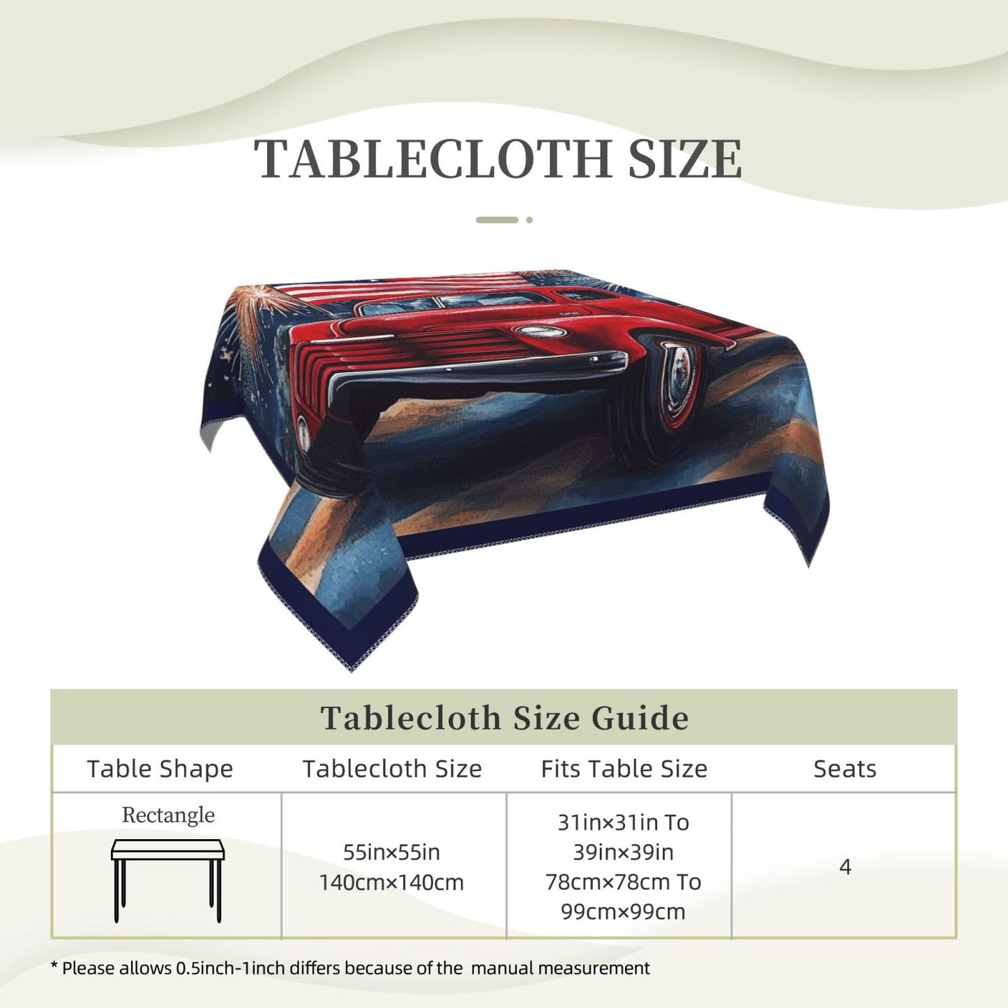 Entemne Square Table Cloth 55x55 Inch Independence Day Red Truck Flag Tablecloth Washable Soft Wrinkle Free Dust Proof Card Table Cover for Tea Party Picnic Kitchen Dining Decor