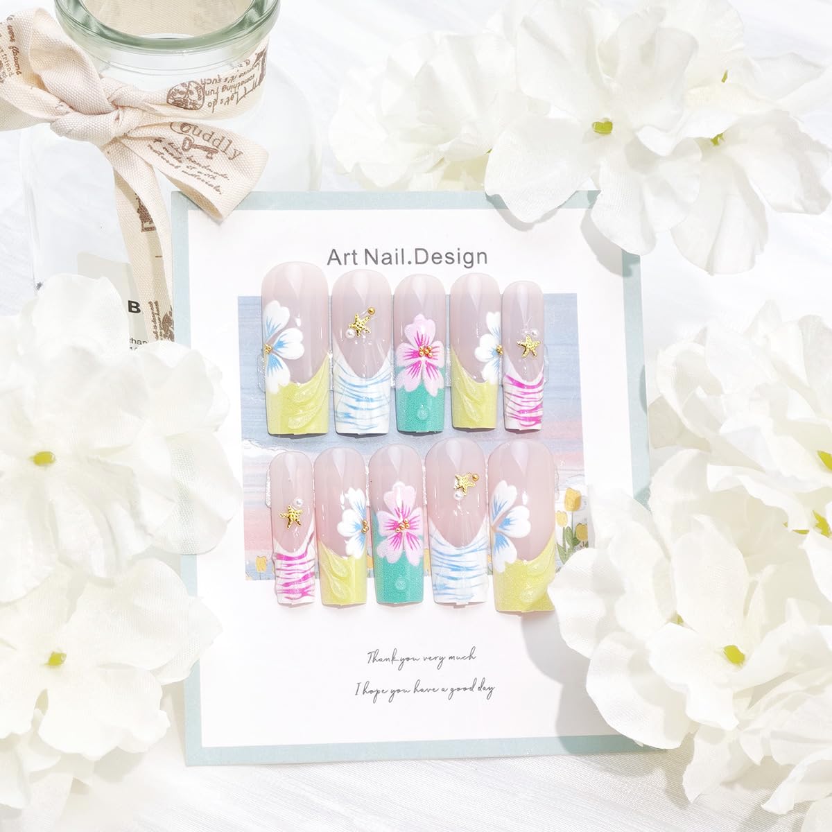 24Pcs Long Square Press on Nails Spring Floral Fake Nails with 3D Flower Starfish Pearl Rhinestones Designs Glitter Full Cover Nude Pink Glue on Nails Cute False Nails for Women Acrylic Manicure Decor