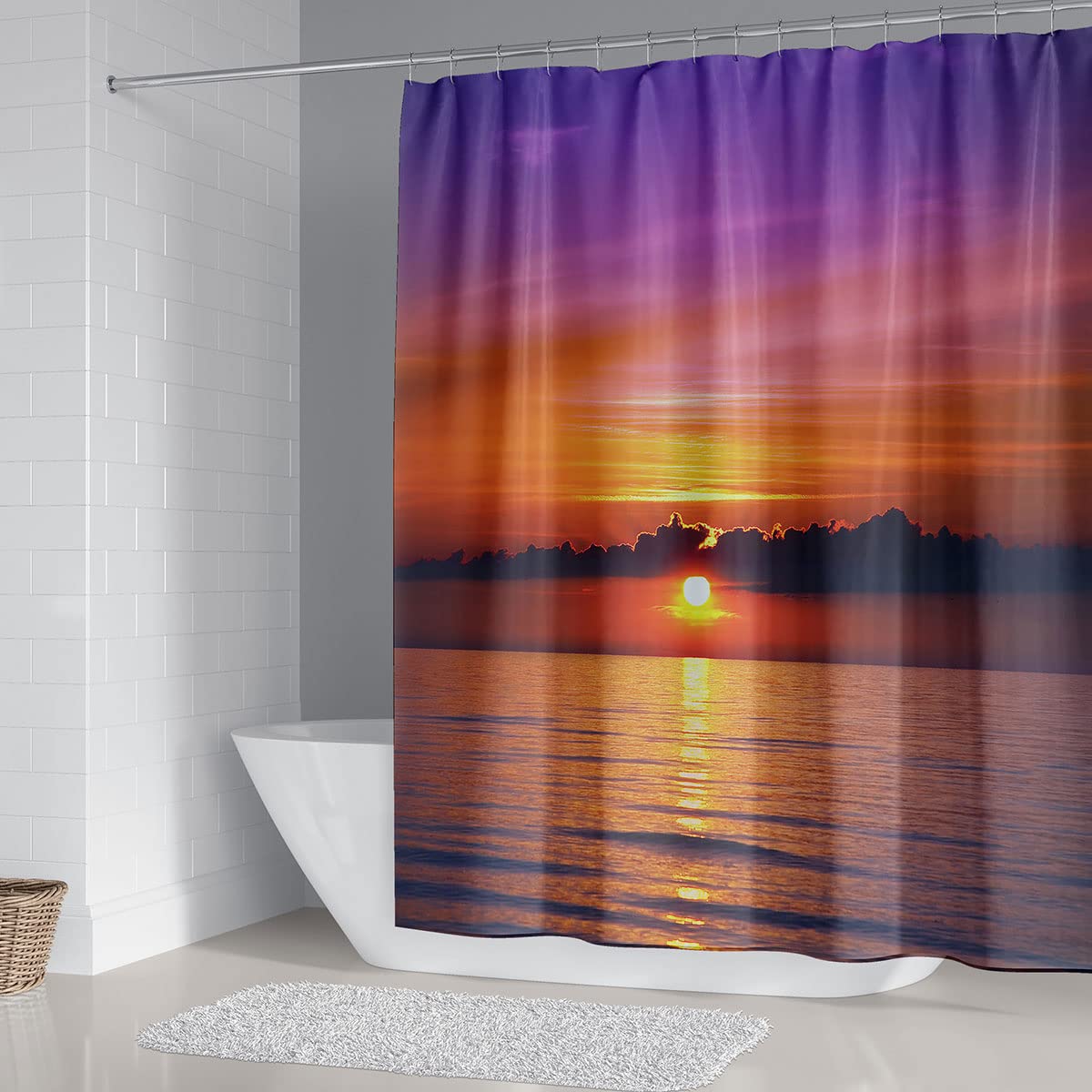 DDS-DUDES Beach Sunset Shower Curtain Set for Bathroom, Ocean Sunrise Purple Sky Shower Curtains Waterproof Polyester Curtains 71WX71H Inch with Hooks (Sunset 1)