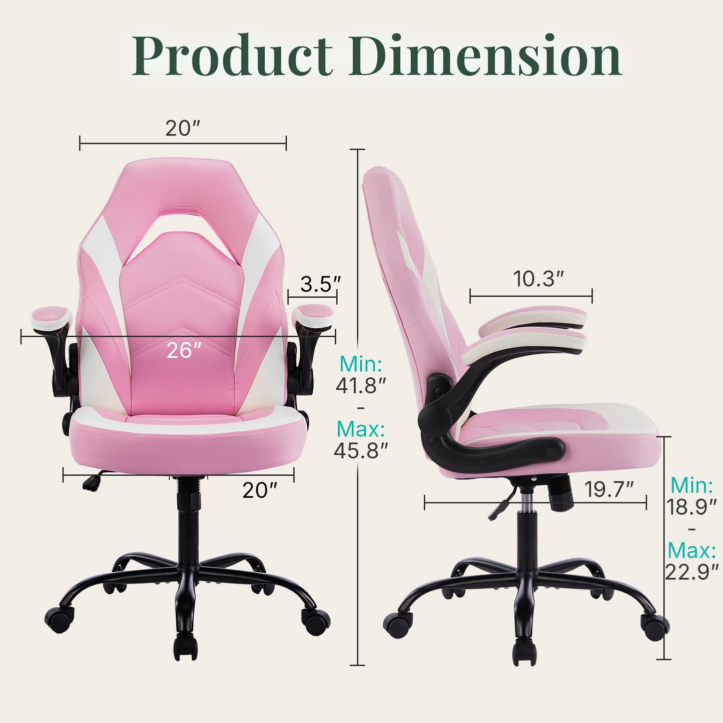 HAPPYMONT Ergonomic Computer Gaming Chair - Home Office Desk with PU Leather Lumbar Support, Height Adjustable Big and Tall Video Game with Flip-up Armrest, Swivel Wheels for Adults,White and Pink