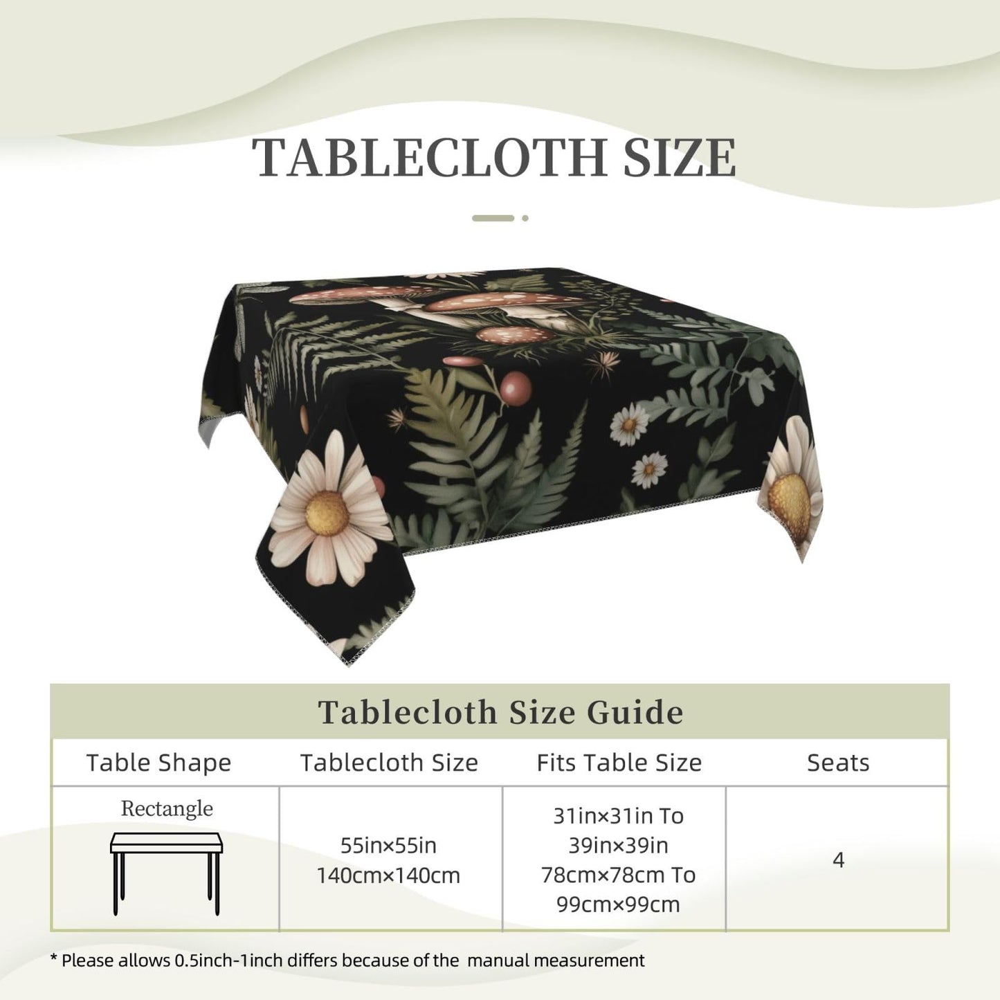 Entemne Square Table Cloth 55x55 Inch Forest Wild Flowers Mushroom Tablecloth Washable Soft Wrinkle Free Dust Proof Card Table Cover for Tea Party Picnic Kitchen Dining Decor