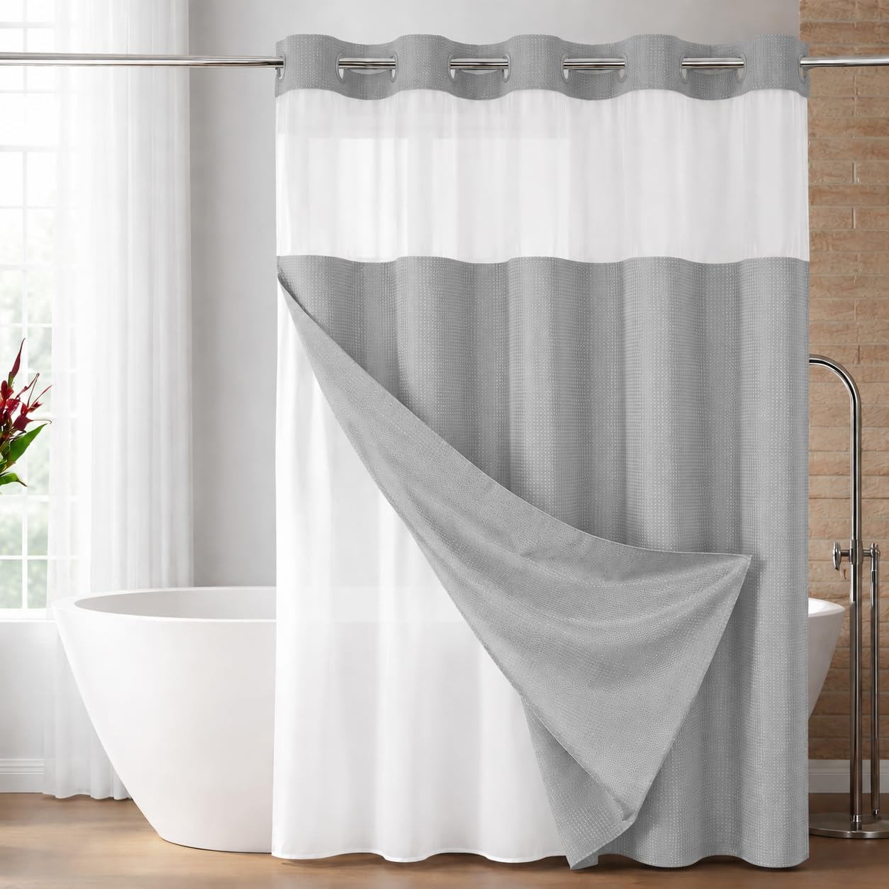 Yiwshcut No Hook Shower Curtain with Grey Sheer Top Window and Inner Liner, Raised Dots Waffle Weave Fabric Shower Curtain, Waterproof Washable Polyester Bath Curtain, Hotel Style, Grey, 72 x 74 Inch