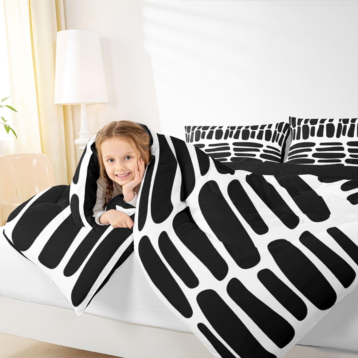 jejeloiu Modern Geometric Bedding Set Soft for Boys Girls, Black White Abstract Comforter Set Queen Size Boho Duvet Quilt Microfiber Luxury Bedroom Decor 3 Pcs with 2 Pillow Cases