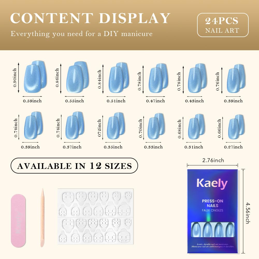 evpct Sky Blue Cat Eye Coffin Press on Nails Medium Square No Glue, Medium Square Stick on Nail for Women, Sky Blue Metallic Glitter Glossy Reusable Summer Soft Press on Acrylic Fake Nail with Design