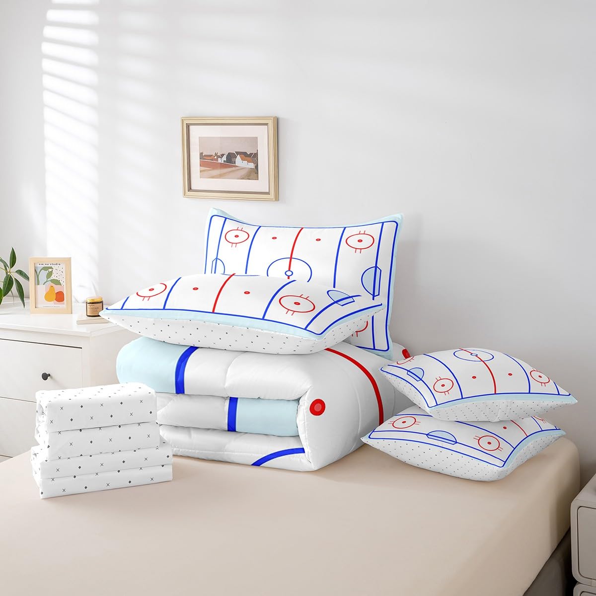 Erosebridal Ice Hockey Bedding Set Twin 7 Piece Winter Sports Game Comforter Sets Puck Design Bed in A Bag with Sheets Soft Breathable Microfiber Bed Set for Kids Boys Teens Child Room