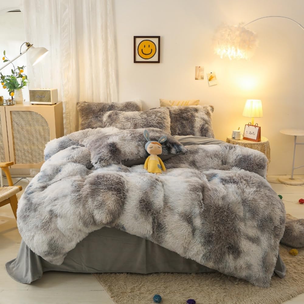 chovy Faux Fur Tie-Dyed Black White Gray Colorful Comforter Sets Queen - 3PC Bed Set Ultra Soft Plush Flannel Velvet Fluffy Fuzzy Bedding（Comforter x 1 Pillowcases x 2）