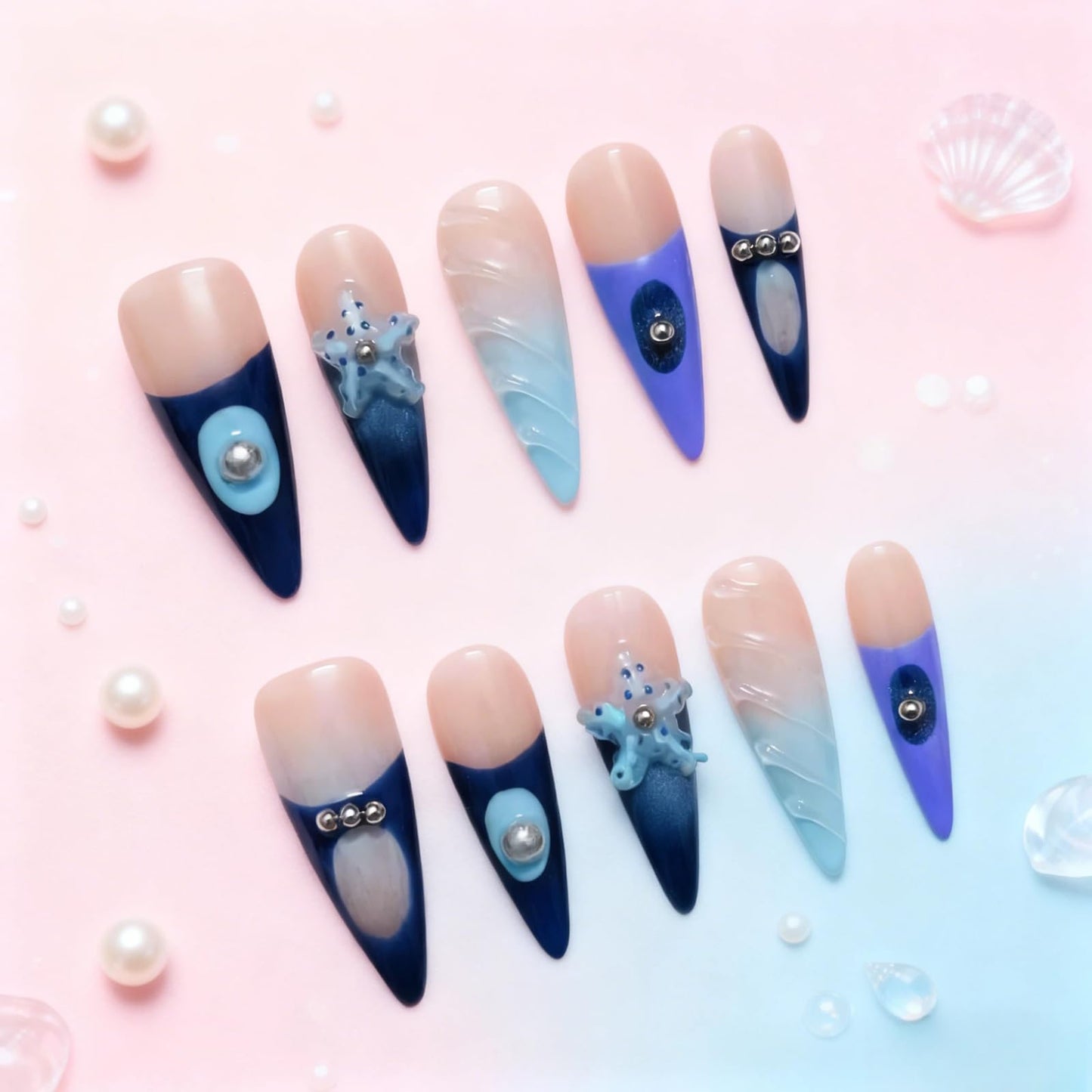 Tesytto Handmade Ocean Blue French Tip Press on Nails Long Stiletto - Luxury 3D Shell & Pearl Design, Summer Beach Vacation Fake Nails (Oceanic Carving,M)