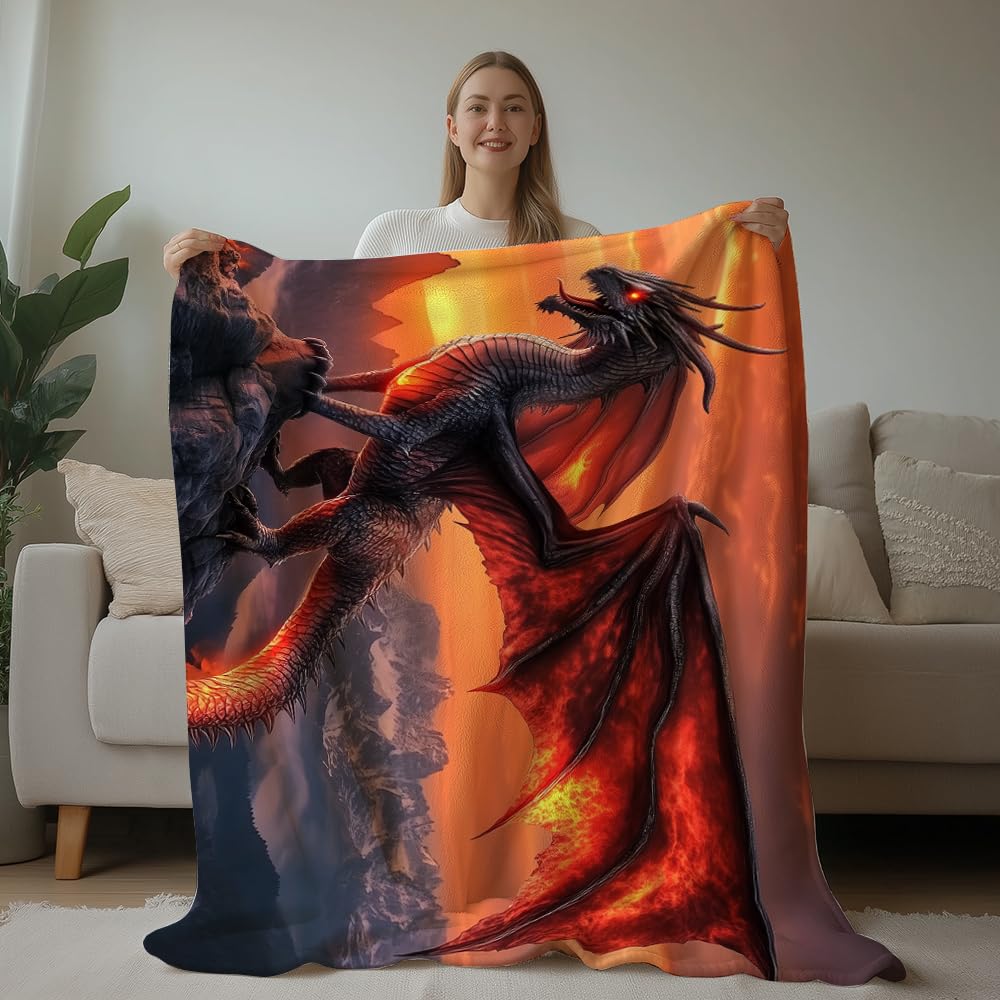HUNXIAOJ Dragon Throw Blanket Dragon Blanket for Men Animal Throw Warm Soft Flannel for Kids Teens Adults Bed Sofa Couch (49in x 59in)