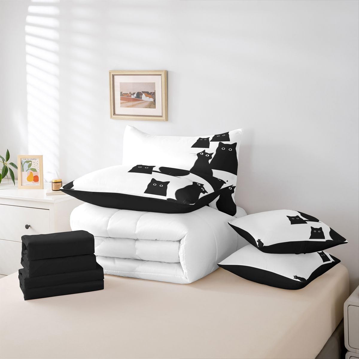 Erosebridal Cute Black Cat 7-Piece Bedding Set Full Size for Boys Girls - Kids Kawaii Cats Bed in a Bag Funny Black Cats Comforter Set with Sheets for Cat Lovers Kawaii Kitten Animal Duvet Insert