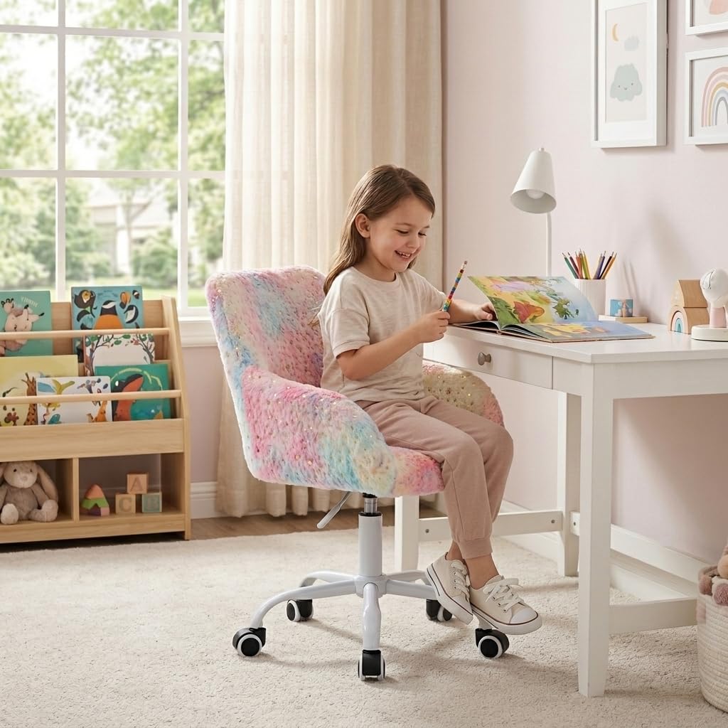 Ya-Home Kids Desk Chair Cute Swivel Reading Chair, Upholstered Adjustable Faux Fur Study Chair with White Wheels for Reading Room Bedroom, Colorful