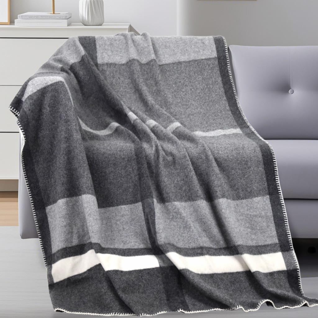 100% Wool Checkered Print Throw Blanket 71 x 47 Inches, Soft Breathable Cozy Blanket Decorative Throw Blanket for Couch Home Bedroom Reading Chair Decor, Charcoal Grey White