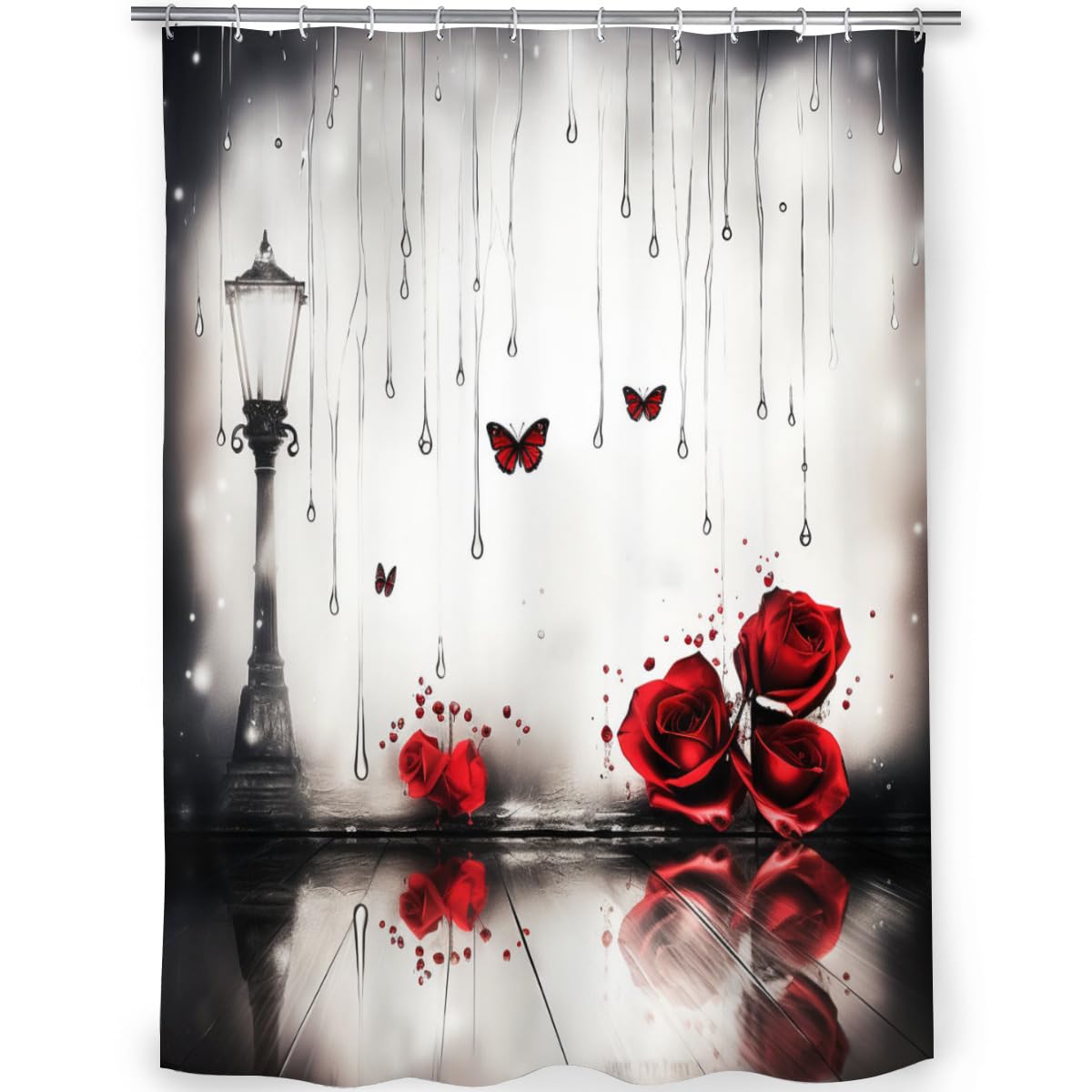 VELIRA Red Rose with Butterfly and Street lamp, Surreal Elements in Style, Romantic Feminine Girl Shower Curtain Decoration, red Rose Shower Curtain Set with 12 Hooks Polyester Fabric 60 * 72 inches