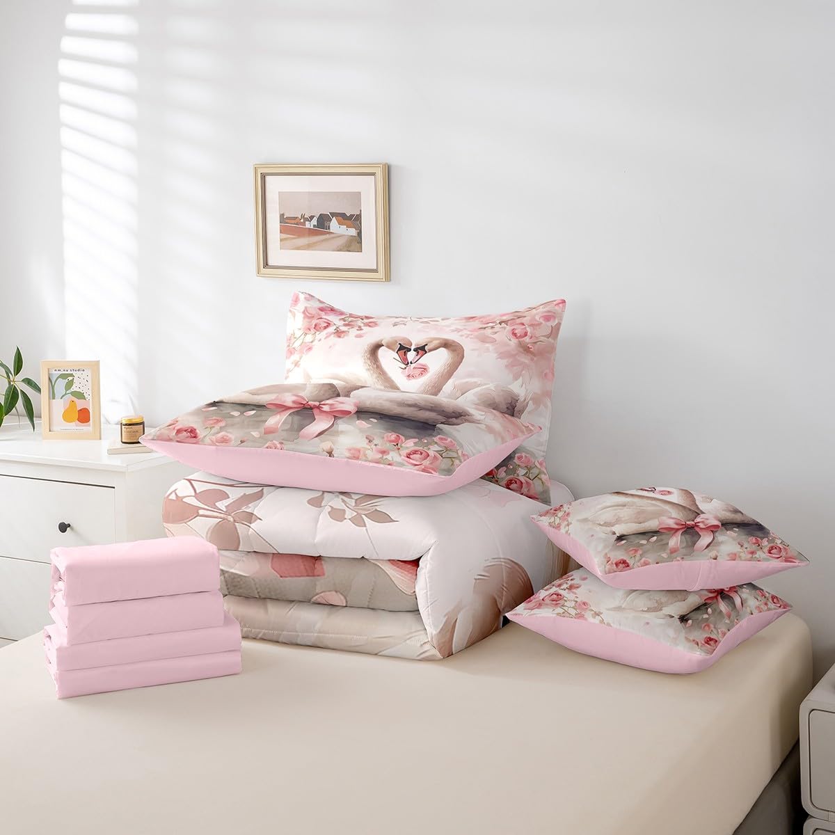 Erosebridal Valentine's Day Queen Comforter Set 7 Piece Bow Swan Romantic Roses Bedding Set for Adults Men Women,Animal Couple Bed in A Bag Pink Flowers Leaves Bed Set Room Decor