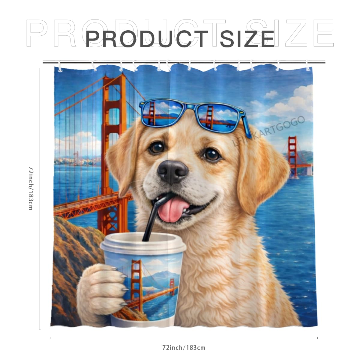 LFINKARTGOGO Golden-Gate-Bridge Labrador Retriever Shower Curtain 72x72 Inch with 12 Hooks Coastal Cityscape Bathroom Decor Cute Puppy Waterproof Washable Polyester Bath Curtain