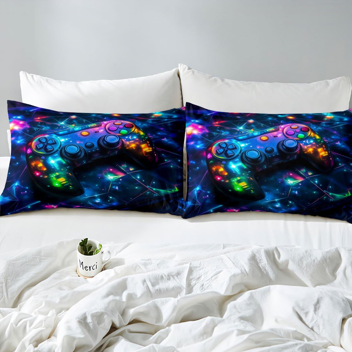 Feelyou Kids Gamer Bed Sheets Set Full Size, Galaxy Gaming Sheet Set Glitter Game Comforter Cover Boys Girls Gamepad Teens Bedspread Cover Bedroom Decor with 2 Pillow Case