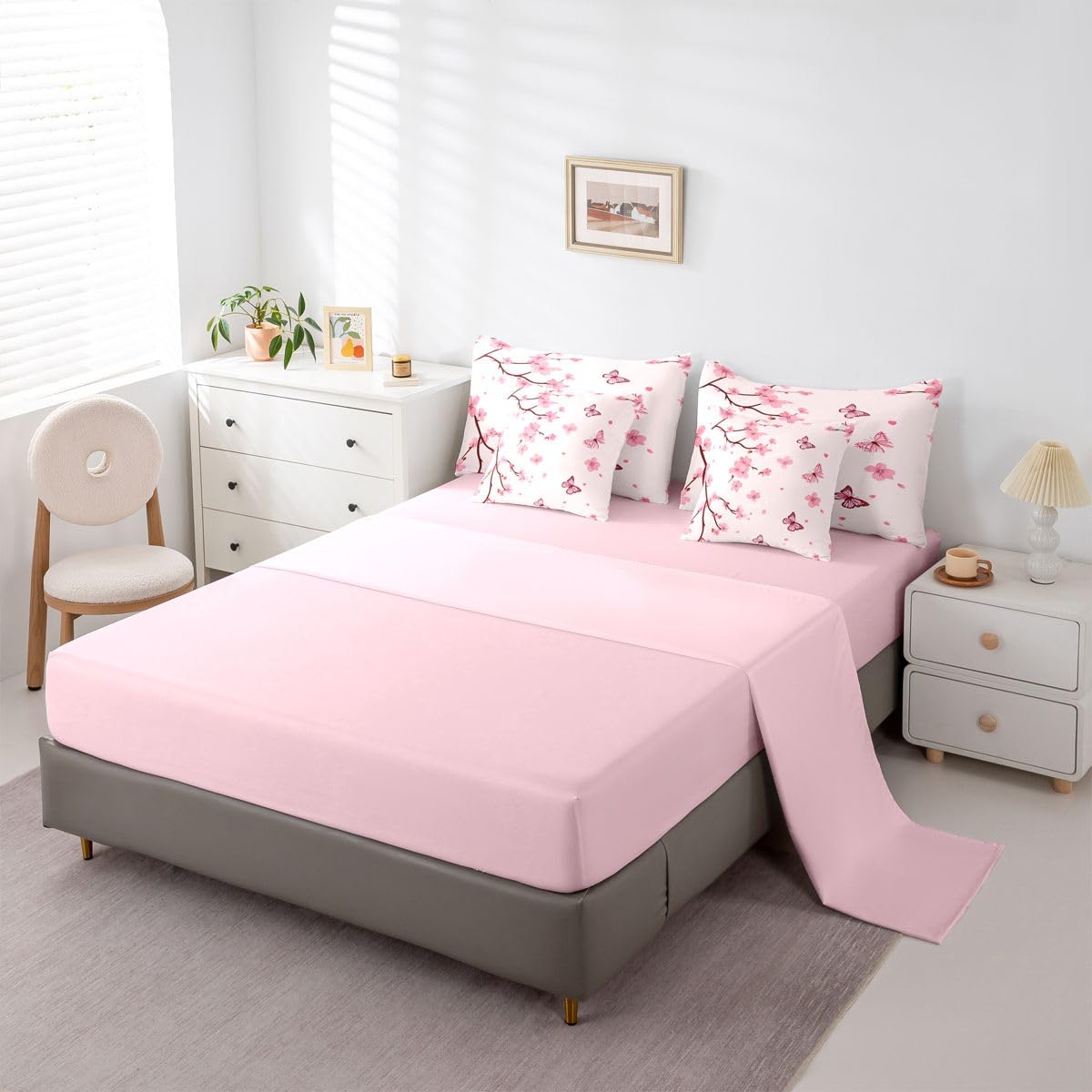 Erosebridal Cherry Blossom Comforter Set Butterfly Bed in A Bag Queen Size 7 Pieces Botanical Floral Printed Bed Set Room Decor Japanese Style Romantic Theme Pink Bedding with Sheets