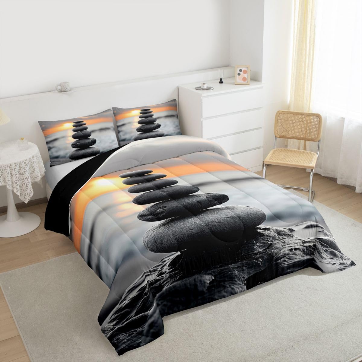 jejeloiu Black Grey Zen Comforter Set All Season Coastal Ocean Beach Bedding Set with 1 Pillow Cases Sunrise Microfiber Kids Toddler Bedclothes Bedroom Decor Duvet Quilt Breathable Soft Lightweight
