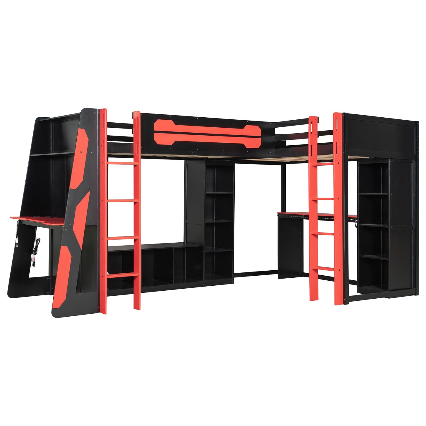 HRJHLucky Twin Size L-Shaped Gaming Loft Bed with RGB LED Lights, USB Ports, TV Stand and Dual Beds, Wood Loft Bed Frame with Desk and Storage Shelves (Red)
