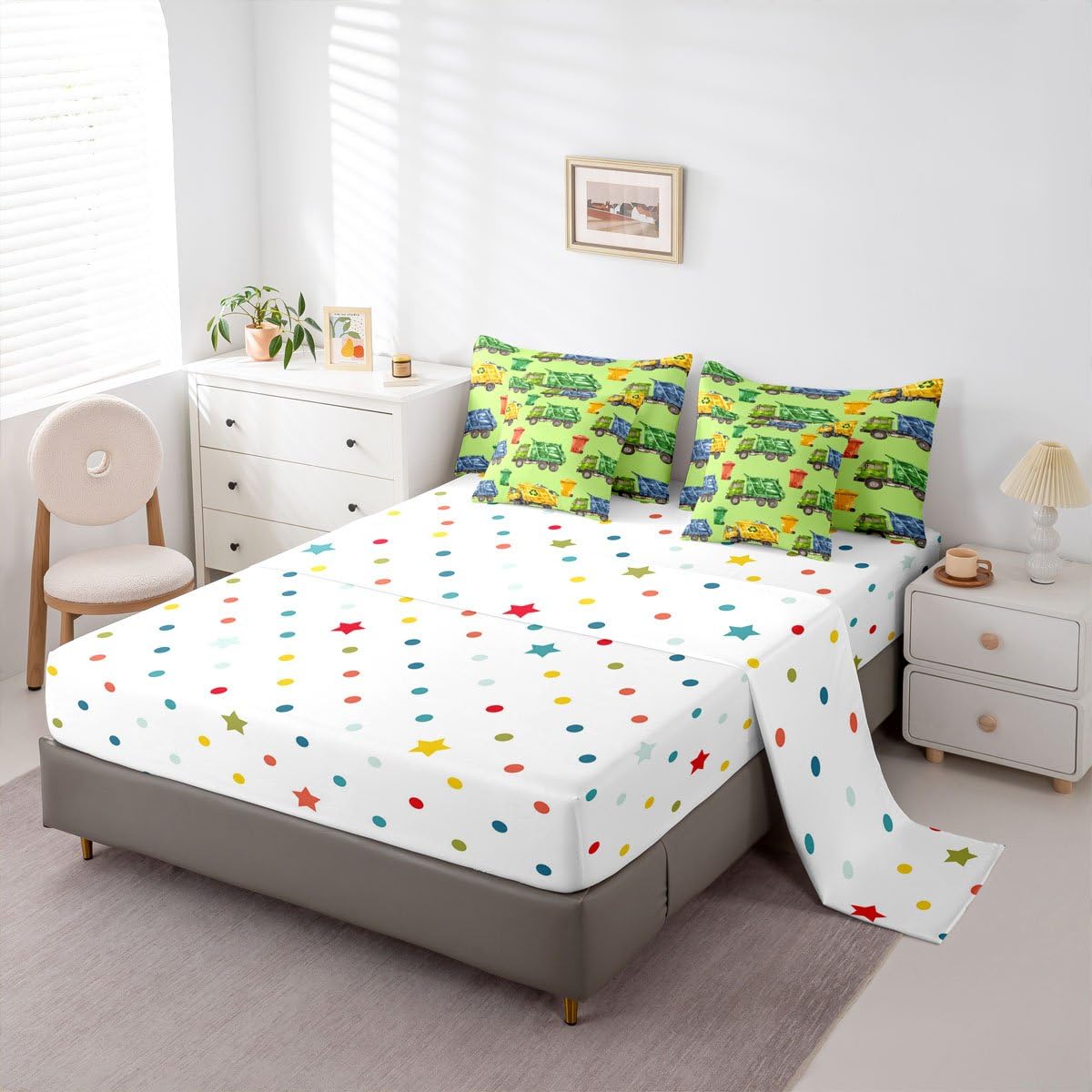 Erosebridal Boys Garbage Trucks Twin 7-Piece Bedding Set, Trash Truck Comforter Set with Sheets, Cartoon Car Bed in A Bag for Teens Men Kids Room Decor, Colourful Trash Cans Green Bed Sets