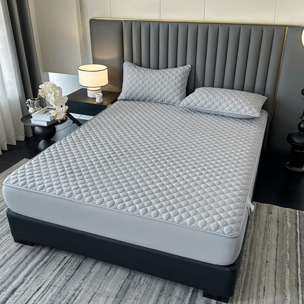 ZIQINPSQ Gingham Fitted Sheet Full Size - 18" Deep Pocket Cotton Quilted, Non-Slip Skincare Bed Sheet,Light Grey