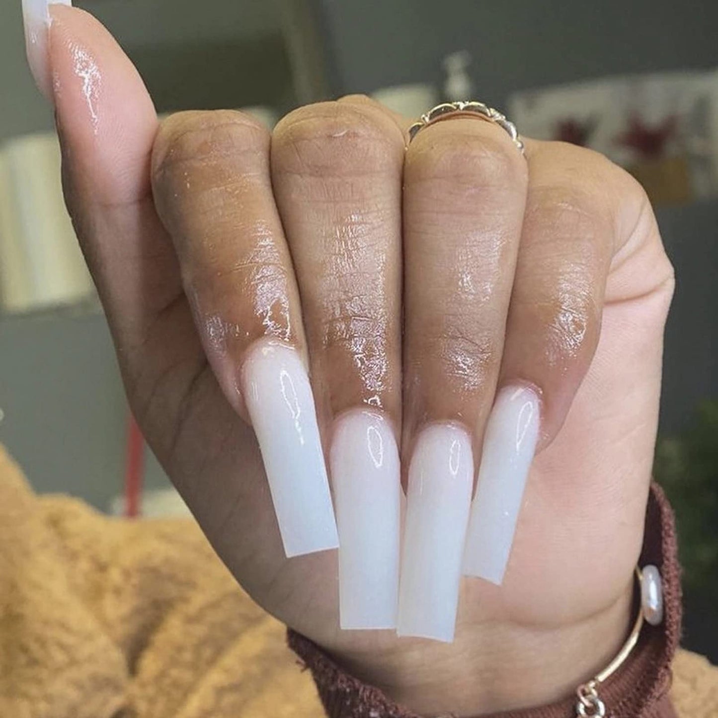 MISUD Press on Nails - Long Square Glue on Nails with White, Acrylic Solid Color Design 24 pcs