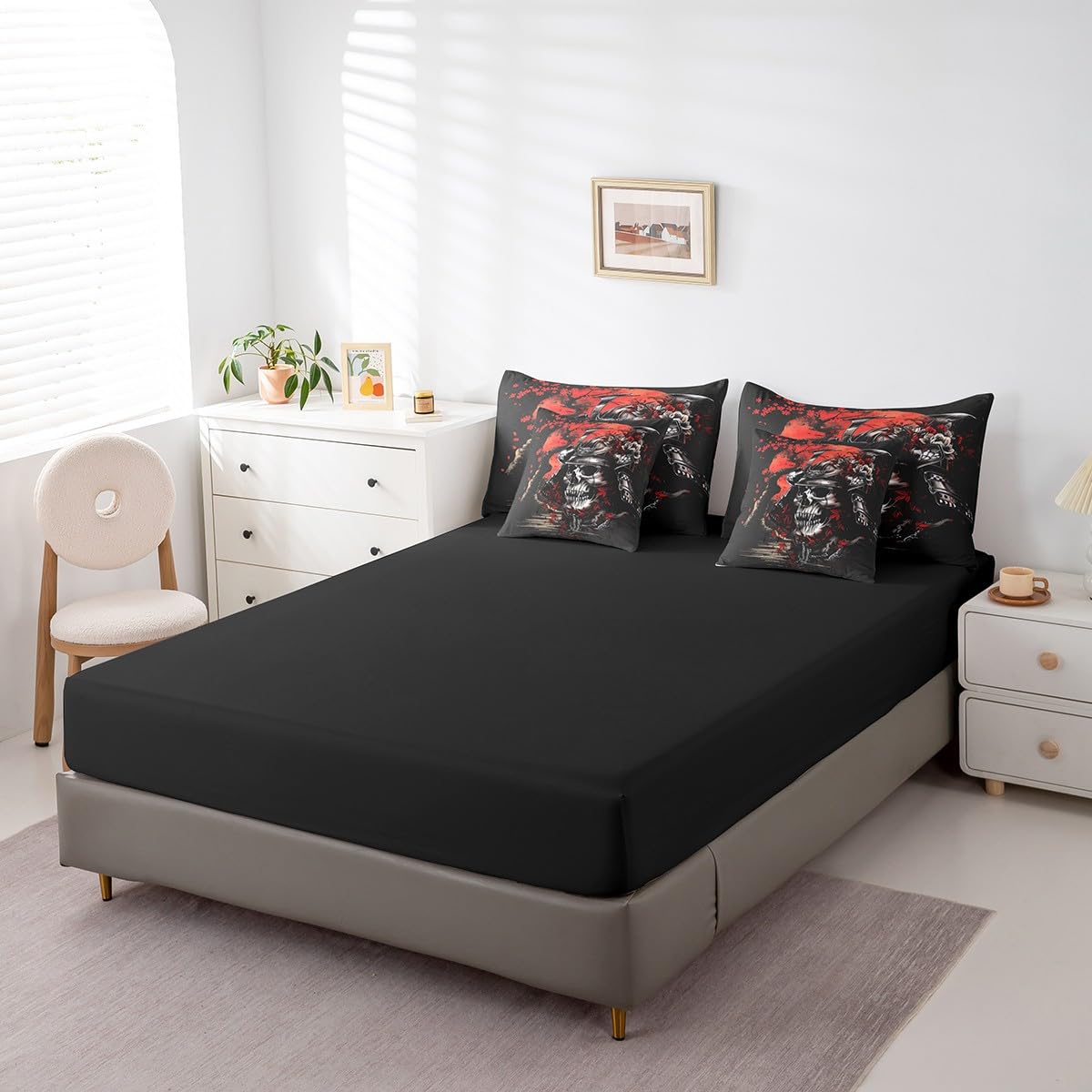 Erosebridal Japanese Samurai Queen Comforter Set 7 Piece,Gothic Skull Bedding Set with Sheets,Cherry Blossom Floral Bed in a Bag for Kids Boys Oriental Bed Set with Fitted+Flat Sheet,Pillowcases