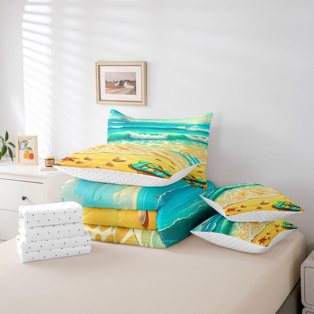 Erosebridal Tropical Beach Queen Bedding Set Cute Coastal Starfish Seashell Comforter Set Kids Adults Nautical Ocean Wave 7-Piece Bed in a Bag Turquoise Yellow Summer Vacation Art Quilt Sets