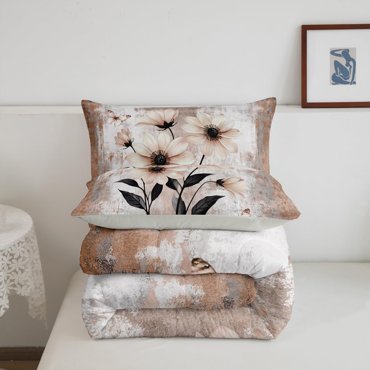 Erosebridal Watercolor Daisy Flowers Queen Comforter Set Abstract Oil Painting Bedding Set Rustic Farmhouse Bed Set Ombre Beige Brown Grey White Quilt Set