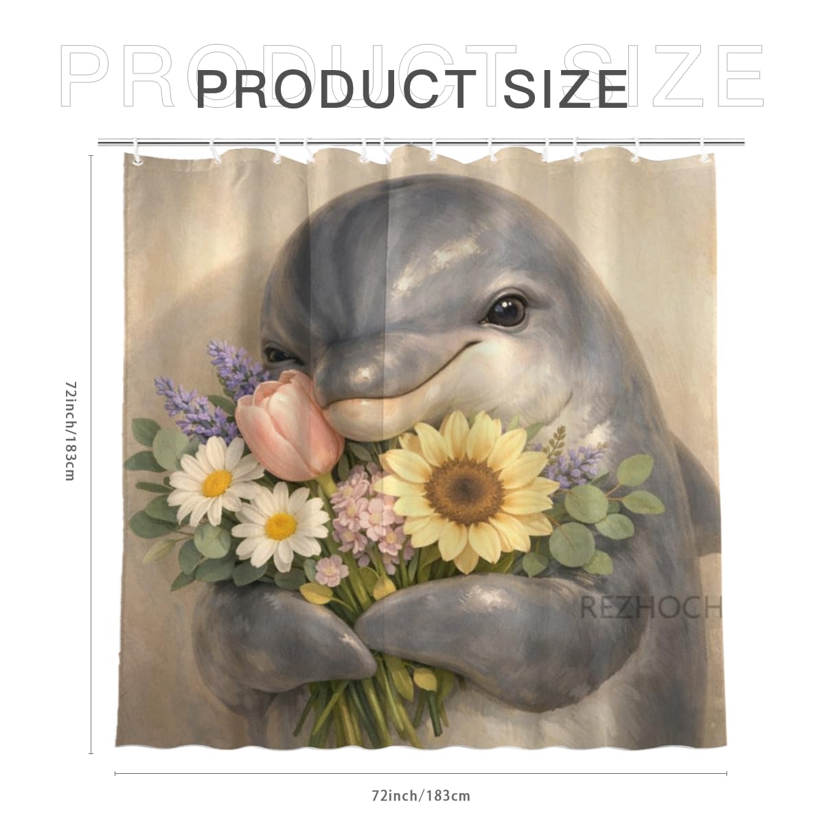 REZHOCH Funny Dolphin Shower Curtain 72x72 Inch Cute Animal Holding Flowers Home Bathroom Decor Floral Modern Art Minimalist Style Kids Waterproof Fabric Bath Set with Hooks