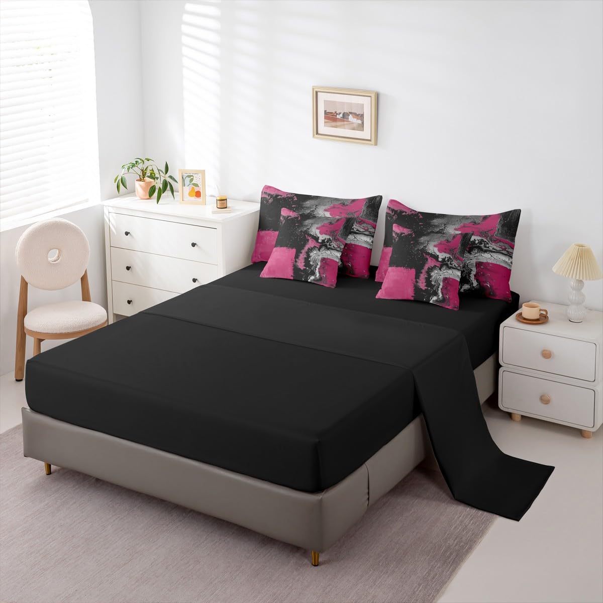 Feelyou Abstract Comforter Set King Size 7 Pieces Modern Abstract Art Bedding Set Luxury Bed in a Bag with Comforter, Sheets, Pillowcases, Cushion Covers Geometric Bedroom Decor Dark Rose Black