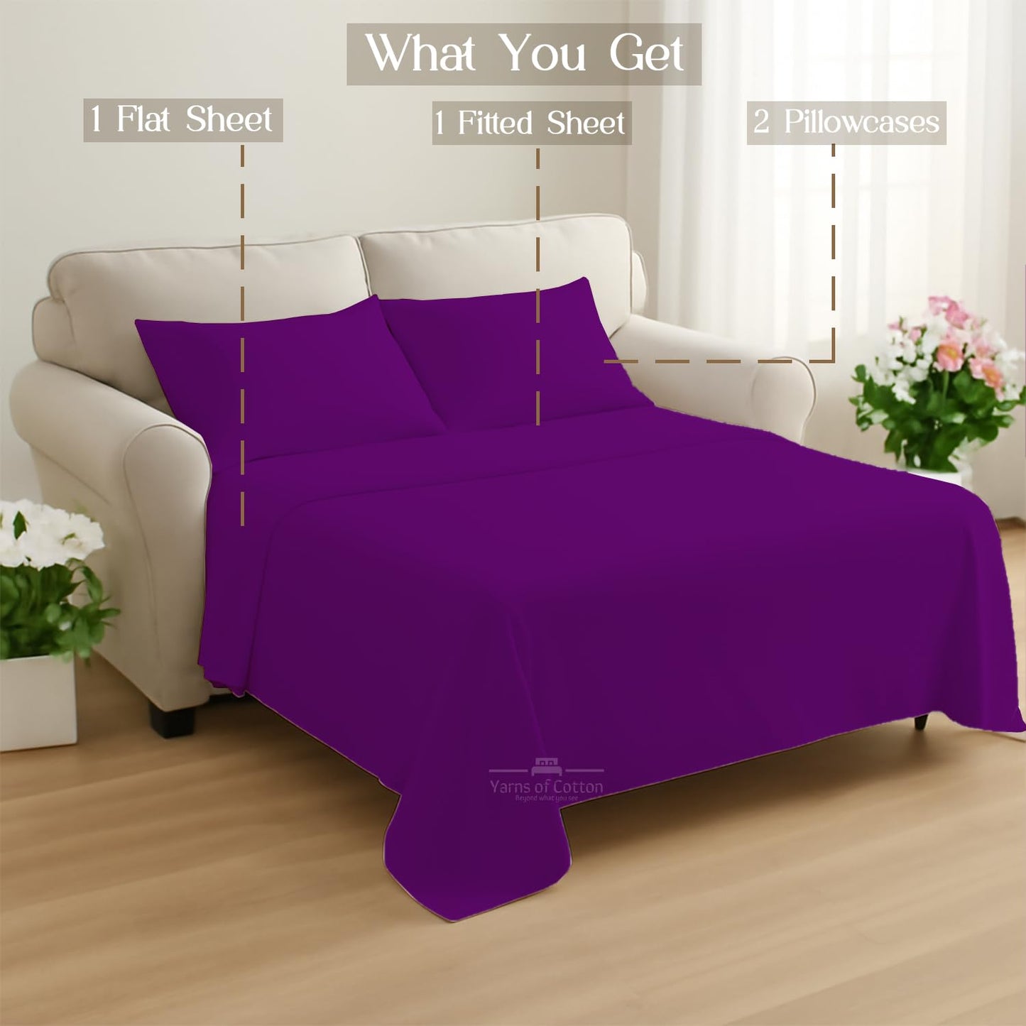Sleeper Sofa Bed Sheet, 100% Cotton 400 Thread Count, 4 Piece Set, Deep Pocket Fitted Sheet, Soft Wrinkle Free & Breathable, Luxury Hotel Quality, Fits Up to 6 Inch Mattress (Full, Purple)