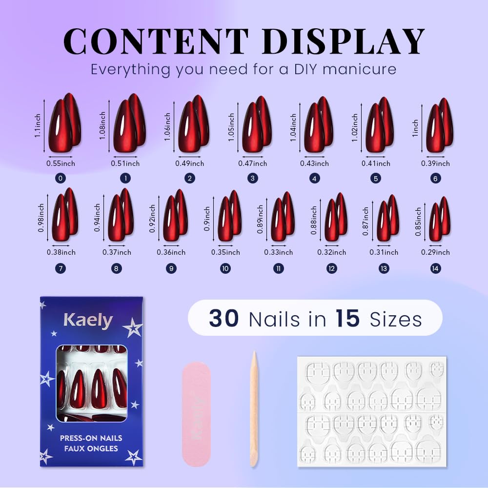evpct Dark Red Cat Eye Press on Nails Almond Long No Glue, Soft Stick on Nail Long Almond for Women Gift, Bloond Red Metallic Glitter Soft Reusable Full Cover Press on Acrylic Fake Nail with Designs
