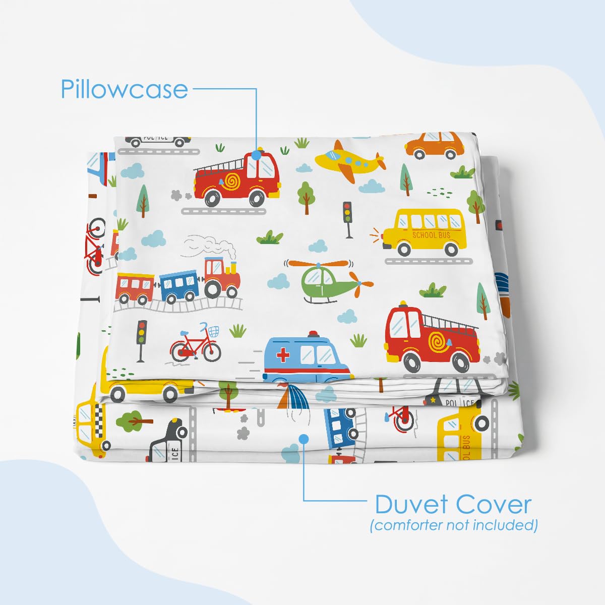 SANDJEST Transportation Duvet Cover Sets Full Size for Kids Boys, Incude 1 Polyester Comforter Cover 80x90 Inches and 2 Pillowcases 20x26 Inches, Comforter Not Included, Gift for Christmas Birthday