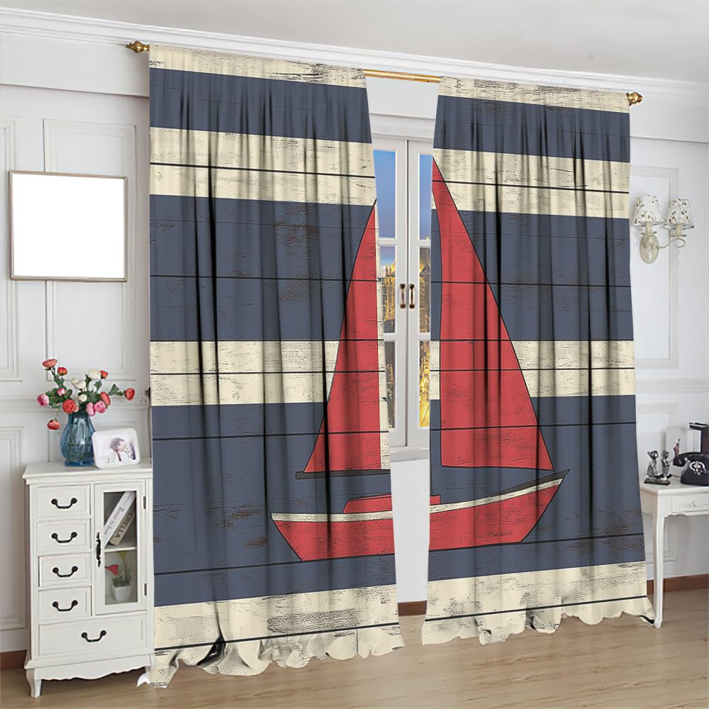 YFBBINS Abstract Sailboat Pattern Blackout Curtains Thermal Insulated for Bedroom Living Room, Stripe Sailing Ship Vintage Rod Pocket Curtain Light Blocking Drapes, 2 Panels, Each 21 W x 45 L inch