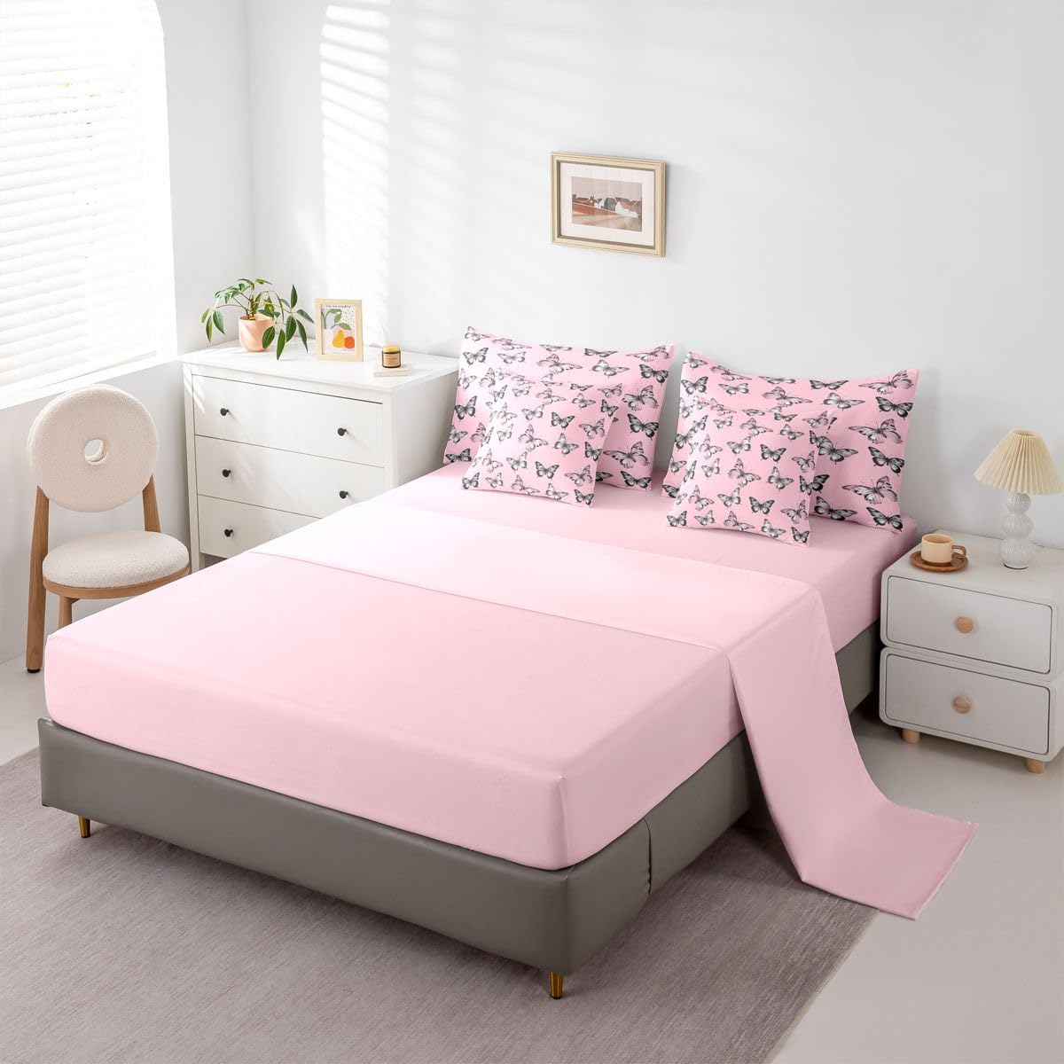 Erosebridal Butterfly Silhouette 7 Piece Bedding Set Twin Black Wild Animal Comforter Set with Sheets Pink Tie Dyed Bed in a Bag Nature Butterfly Animals Bed Sets Comforter