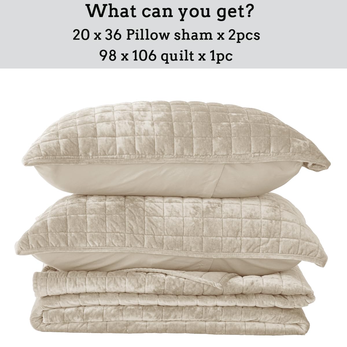 COCOPLOCEUS Quilt Set King Size 98x106 Luxurious Velvet Bedding Sets with 2 Pillow Shams 20x36 3 Pieces Ultra Soft Quilted Bedspread Coverlet Comforter for All Season,Beige