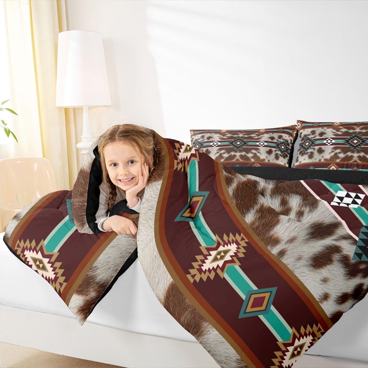 jejeloiu Cowhide Pattern Comforter Set All Season Cow Fur Print Bedding Set with 2 Pillow Cases Boho Geometric Microfiber Kids Queen Bedclothes Western Farm Animal Skin Bedroom Decor Duvet Quilt Soft