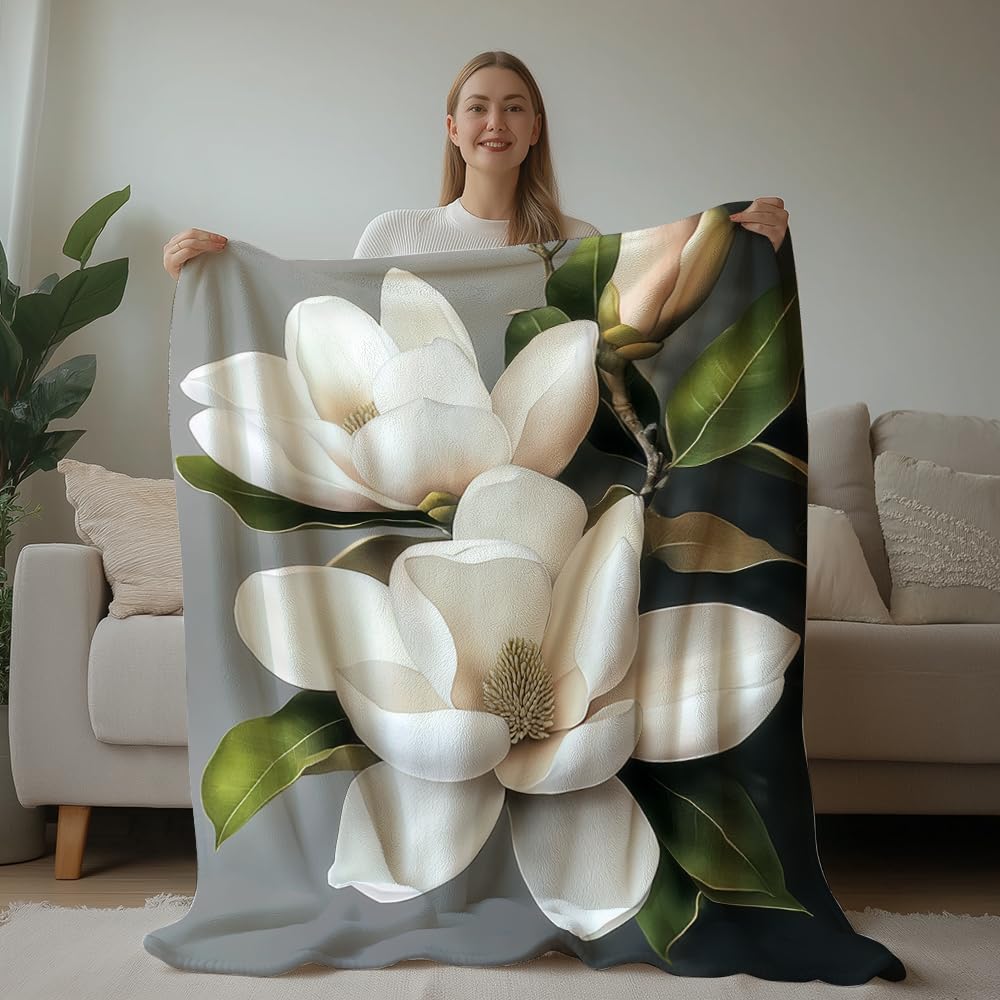 HUNXIAOJ Magnolia Blanket Flower Print Blanket Magnolia Floral Decor Warm Soft Flannel for Teens Adults Bed Sofa Couch (49in x 59in)