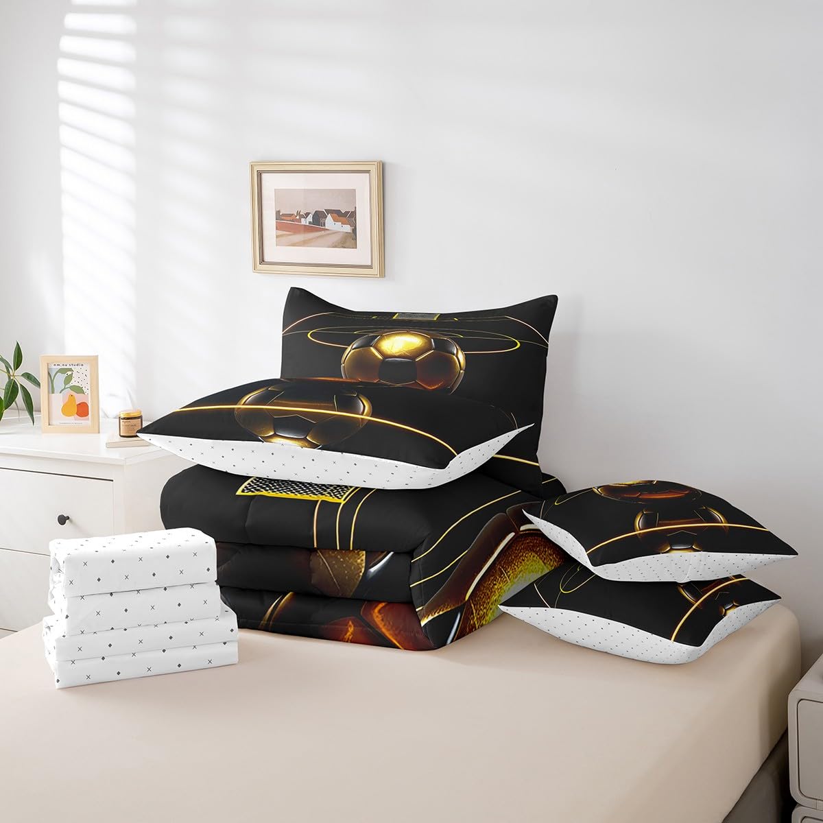 Feelyou Football Comforter Set 7 Piece Kids Luxury Black Golden Soccer Ball Bedding Full Comforter Set Boys Girls Football Sport Arena Bedding Set Bedding Full Comforter Set Bed Set Full Size Boys